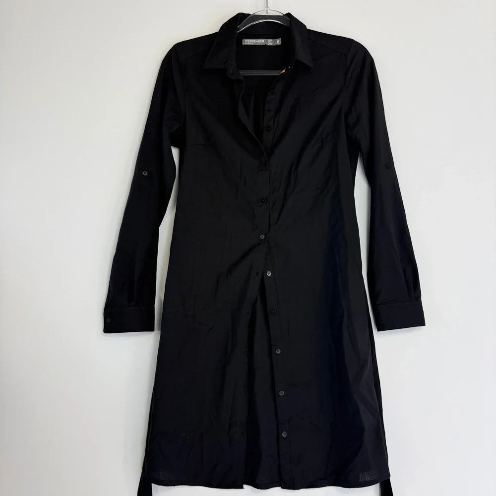 Icebreaker Destiny Shirt Dress Womens S Black Merino Wool Blend Roll Tab Belted